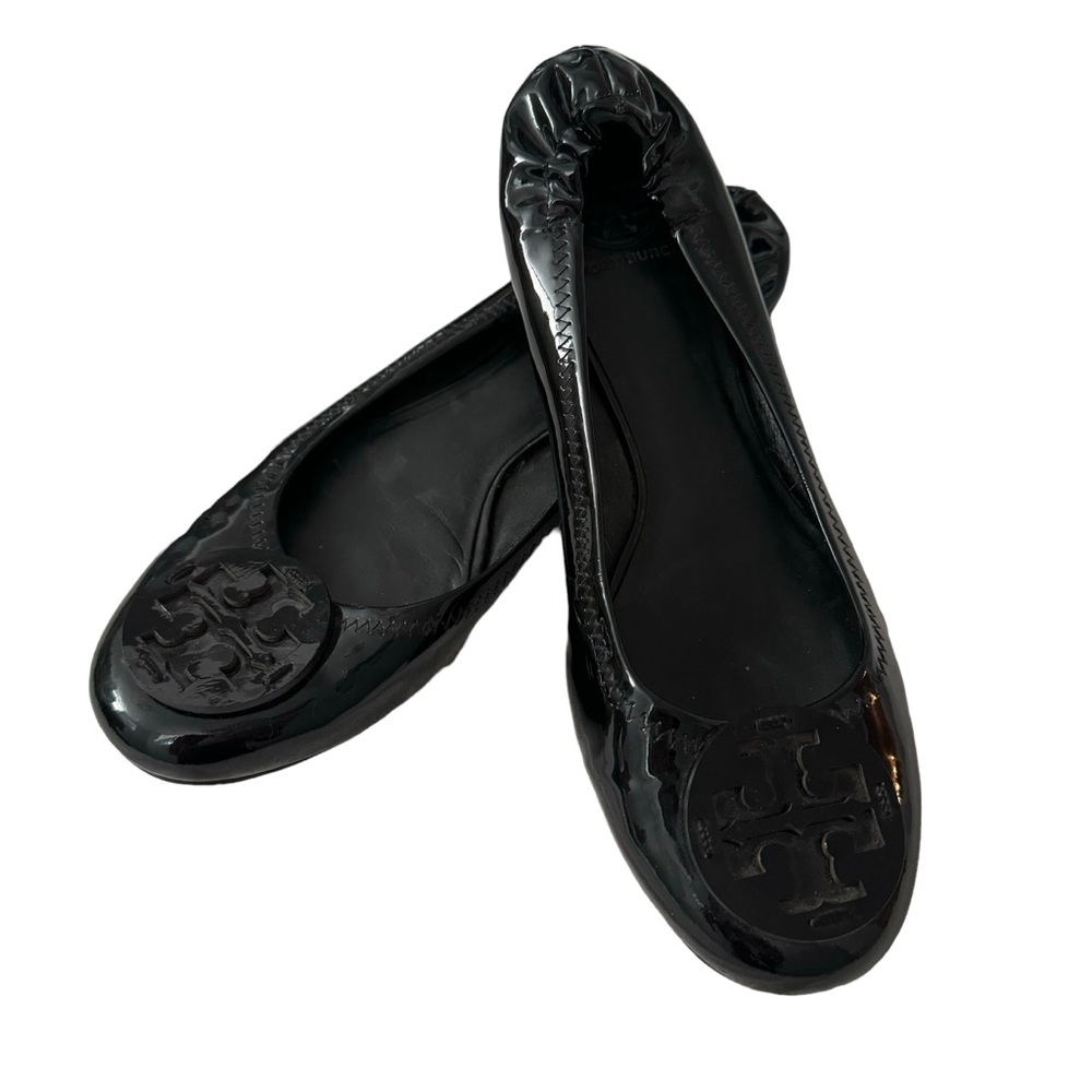 Tory Burch Black Patent Leather Reva Slip On Flats with Black Patent Emblem
